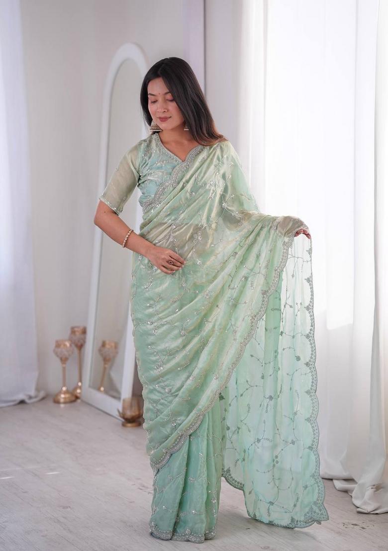 Sea Green Embroidered Silk Blend Saree Set - Indya