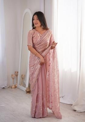 Dusty Pink Embroidered Silk Blend Saree Set