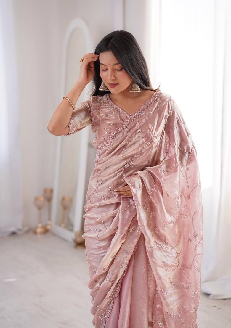 Dusty Pink Embroidered Silk Blend Saree Set - Indya