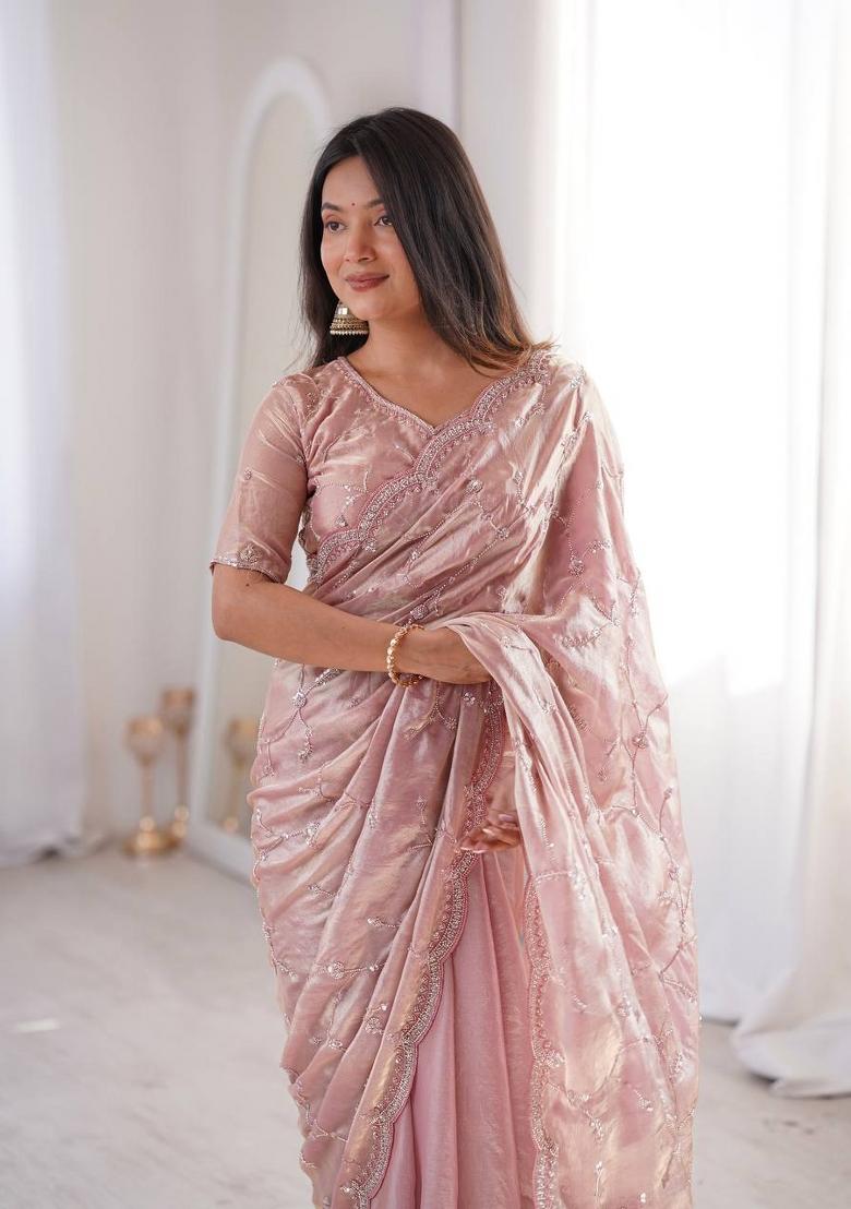 Dusty Pink Embroidered Silk Blend Saree Set - Indya