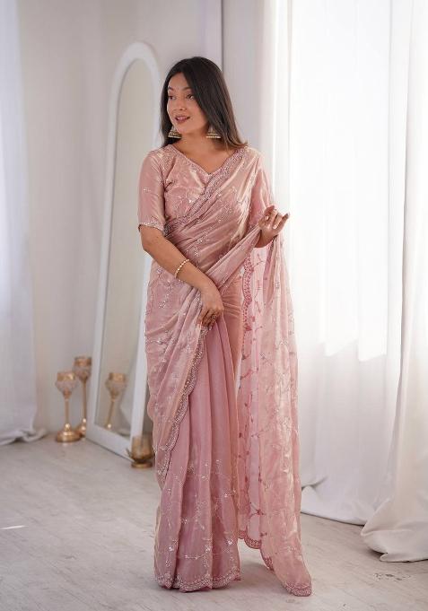 Dusty Pink Embroidered Silk Saree Set