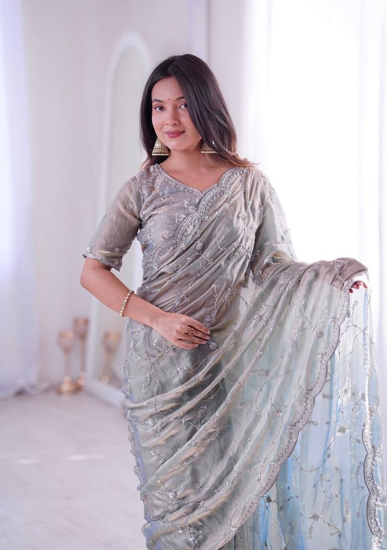 Grey Embroidered Silk Blend Saree Set - Indya