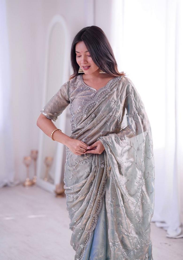 Grey Embroidered Silk Blend Saree Set - Indya