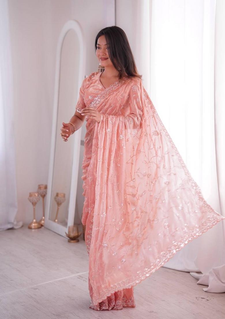 Pink Embroidered Silk Blend Saree Set - Indya