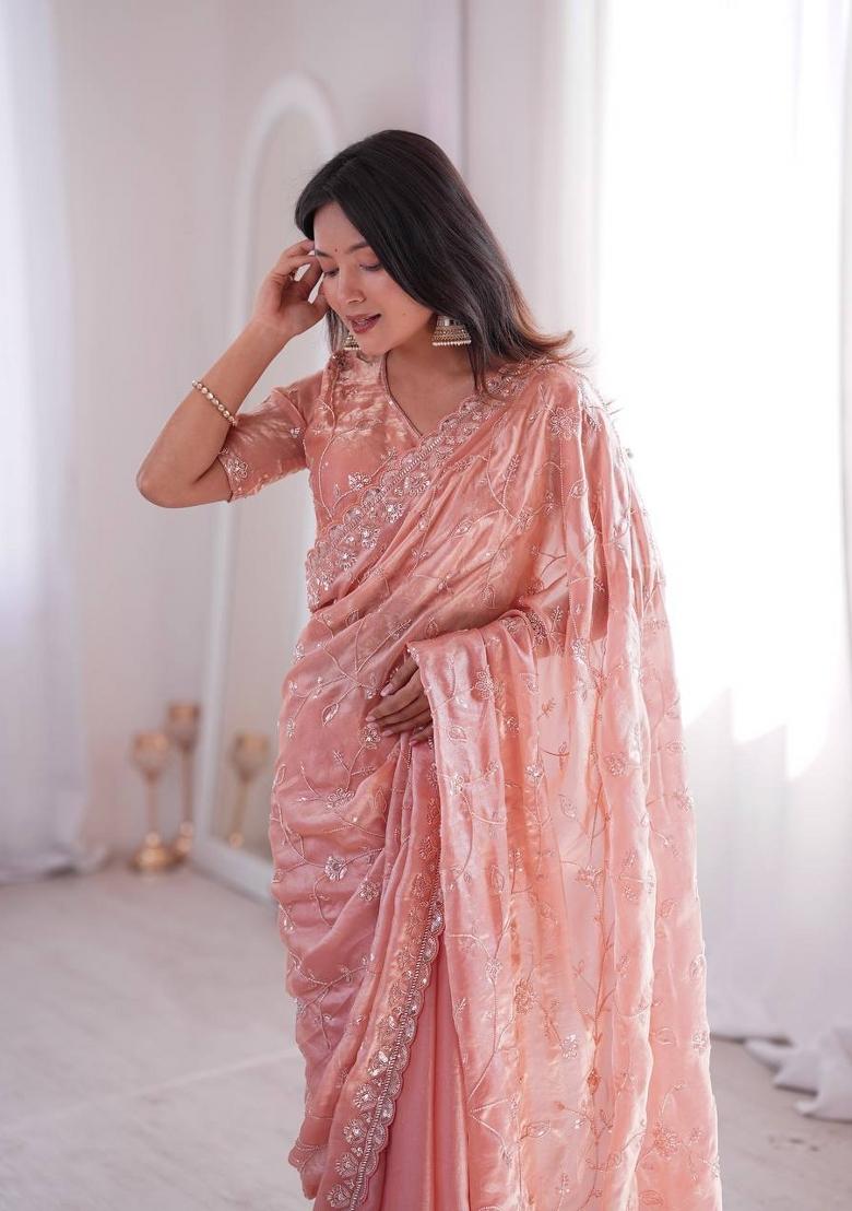 Pink Embroidered Silk Blend Saree Set - Indya
