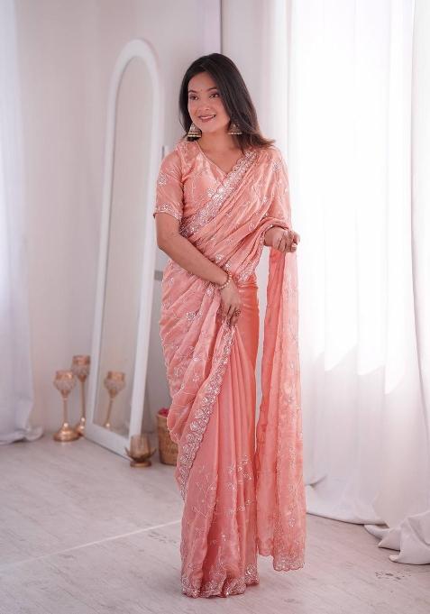 Pink Embroidered Silk Saree Set