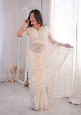 Cream Embroidered Silk Blend Saree Set