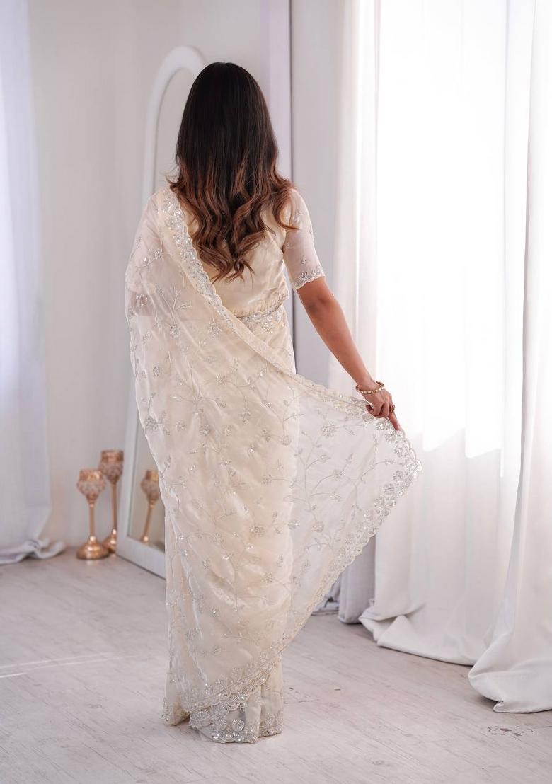 Cream Embroidered Silk Blend Saree Set - Indya