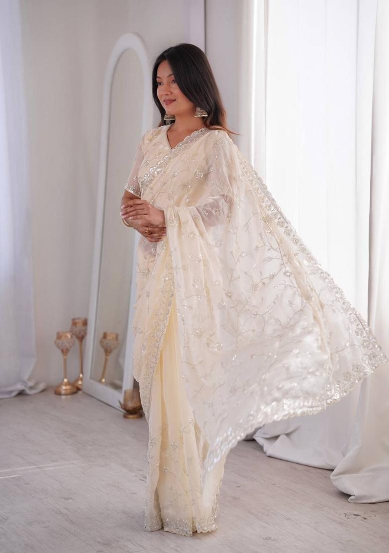 Cream Embroidered Silk Blend Saree Set - Indya