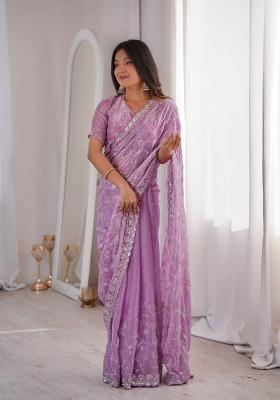 Purple Embroidered Silk Blend Saree Set