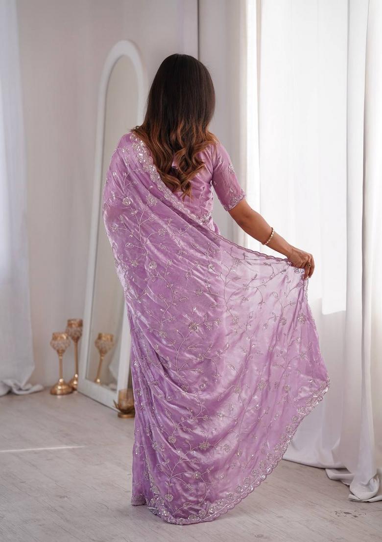 Purple Embroidered Silk Blend Saree Set - Indya