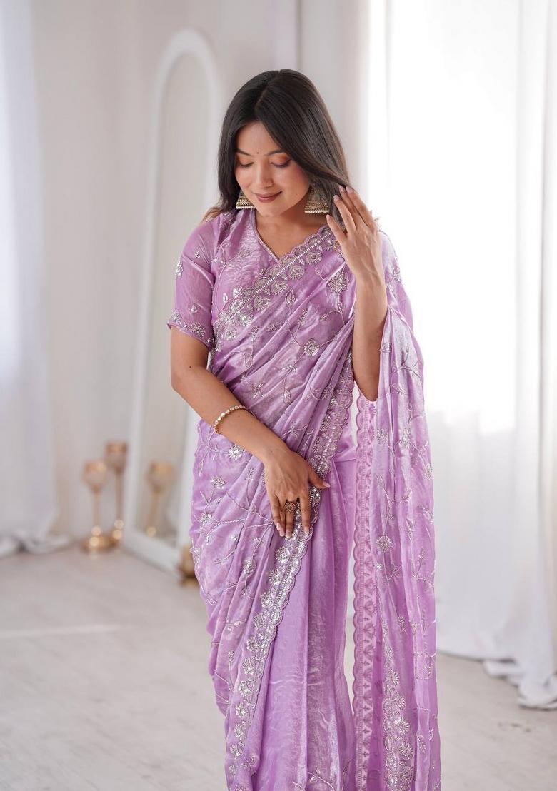 Purple Embroidered Silk Blend Saree Set - Indya