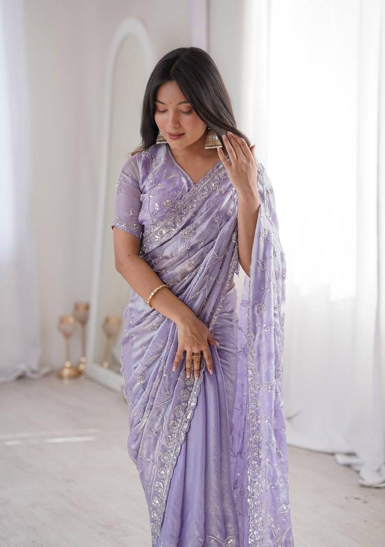 Lavender Embroidered Silk Blend Saree Set - Indya