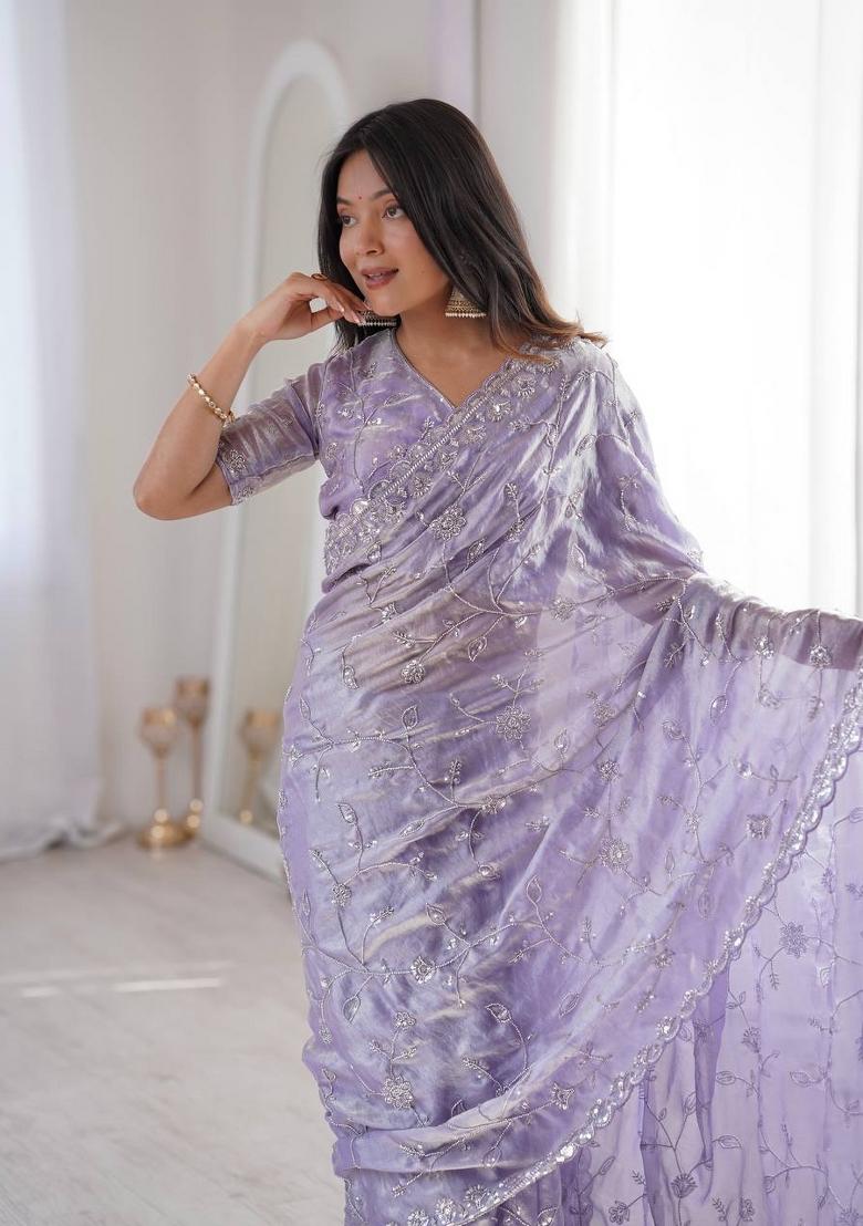 Lavender Embroidered Silk Blend Saree Set - Indya