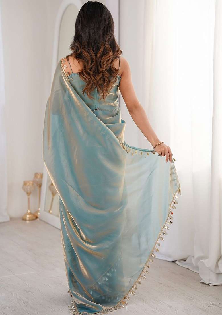 Pastel Blue Mirror Work Satin Saree Set - Indya