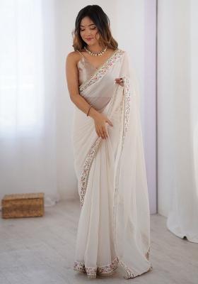 Off White Embroidered Georgette Saree Set