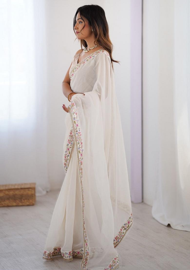 Off White Embroidered Georgette Saree Set - Indya