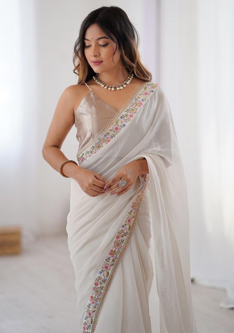 Off White Embroidered Georgette Saree Set - Indya