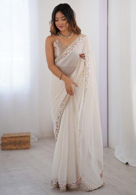 Off White Embroidered Georgette Saree Set