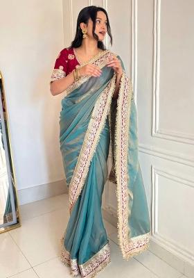 Teal Embroidered Silk Blend Saree Set