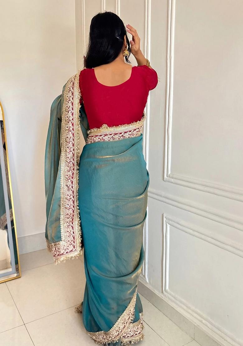 Teal Embroidered Silk Blend Saree Set - Indya