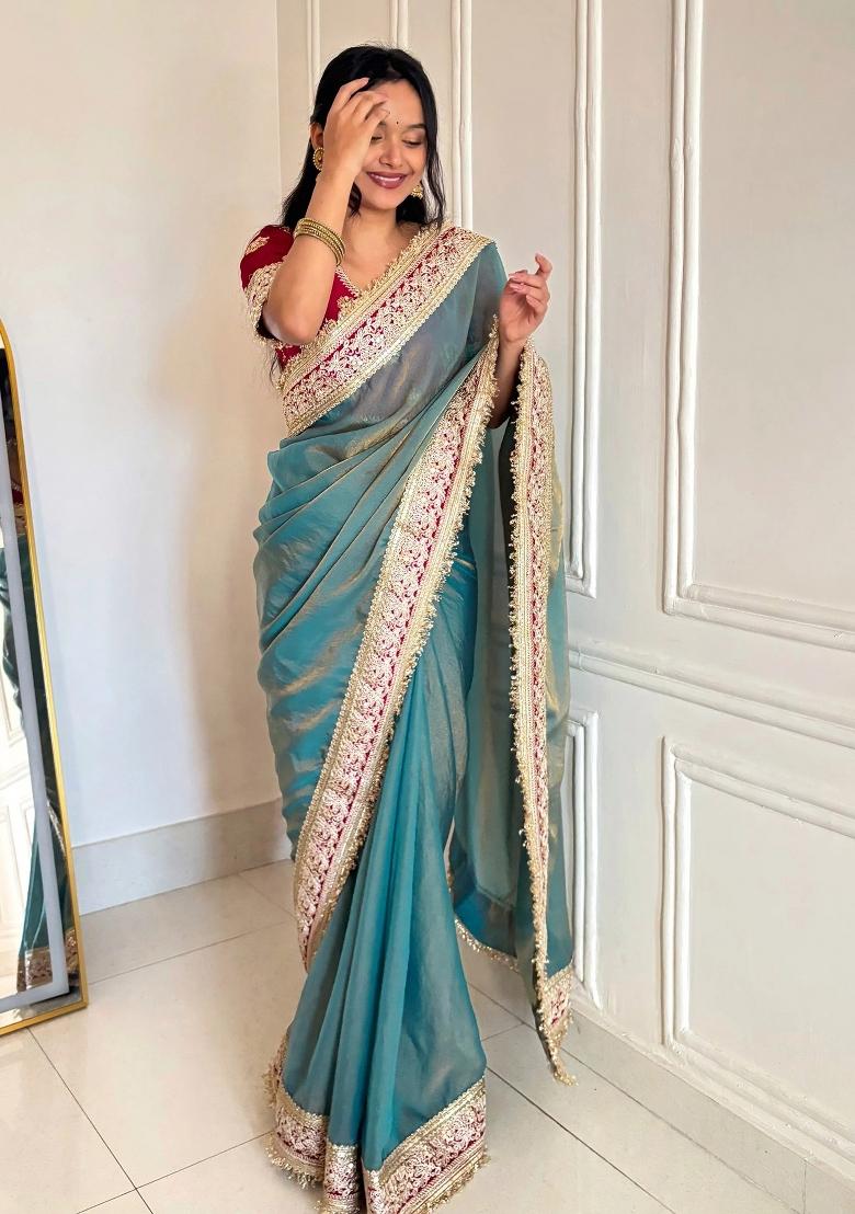 Teal Embroidered Silk Blend Saree Set - Indya