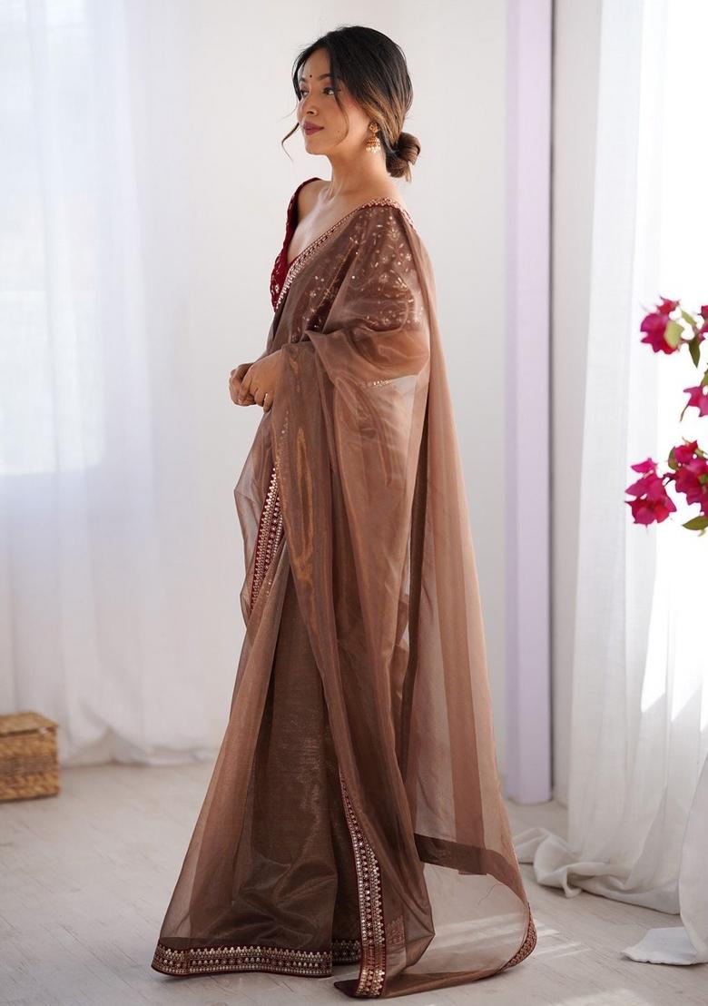 Metallic Brown Embroidered Net Saree Set - Indya
