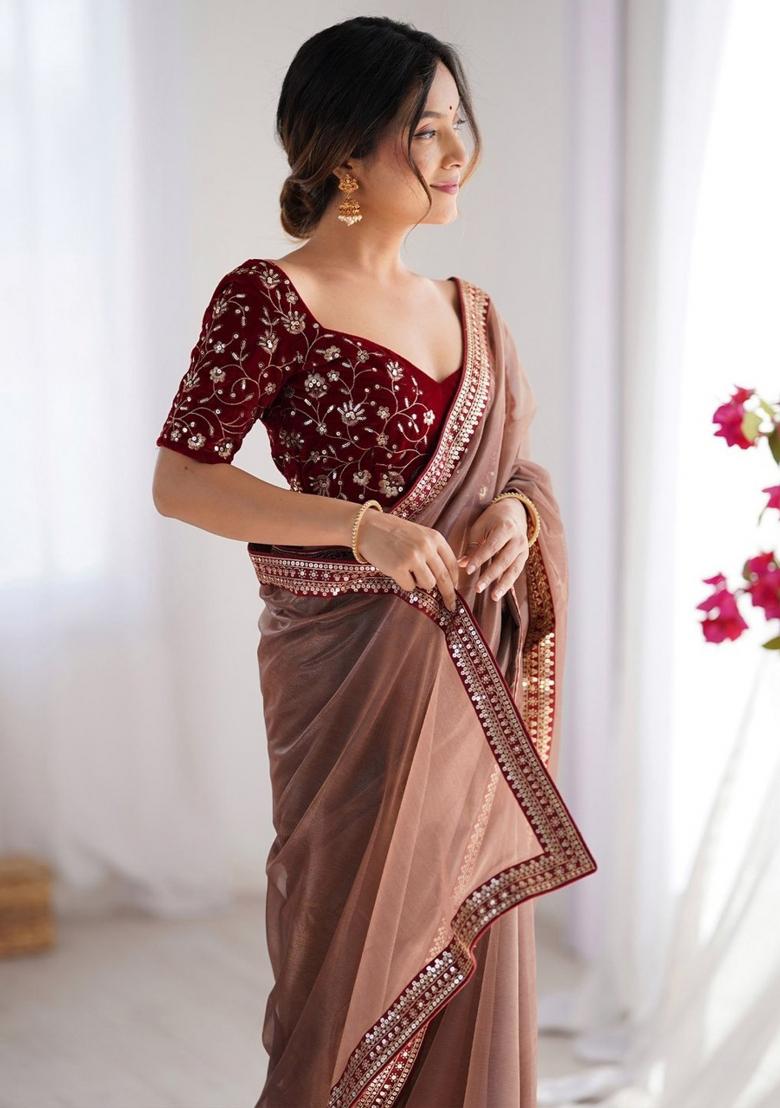 Metallic Brown Embroidered Net Saree Set - Indya