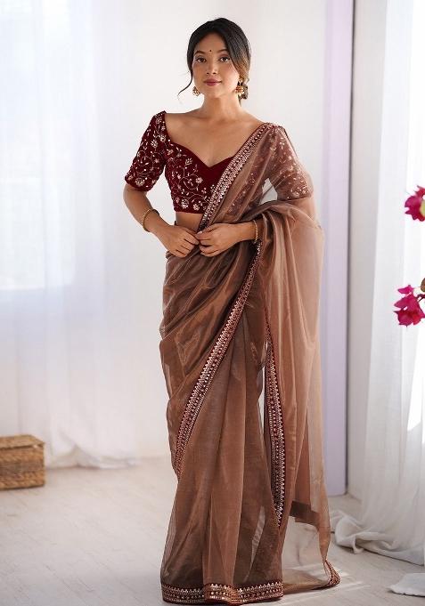 Metallic Brown Embroidered Net Saree Set