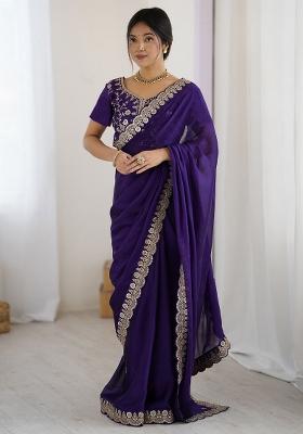 Purple Embroidered Silk Blend Saree Set