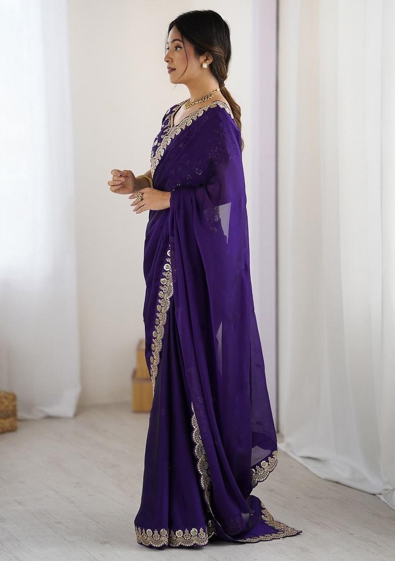 Purple Embroidered Silk Blend Saree Set - Indya