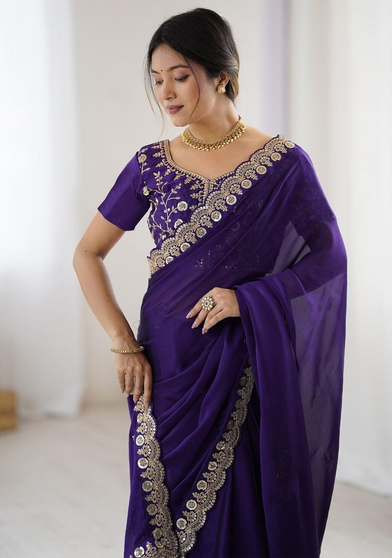 Purple Embroidered Silk Blend Saree Set - Indya