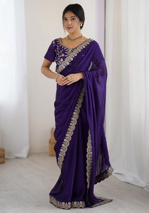 Purple Embroidered Silk Blend Saree Set
