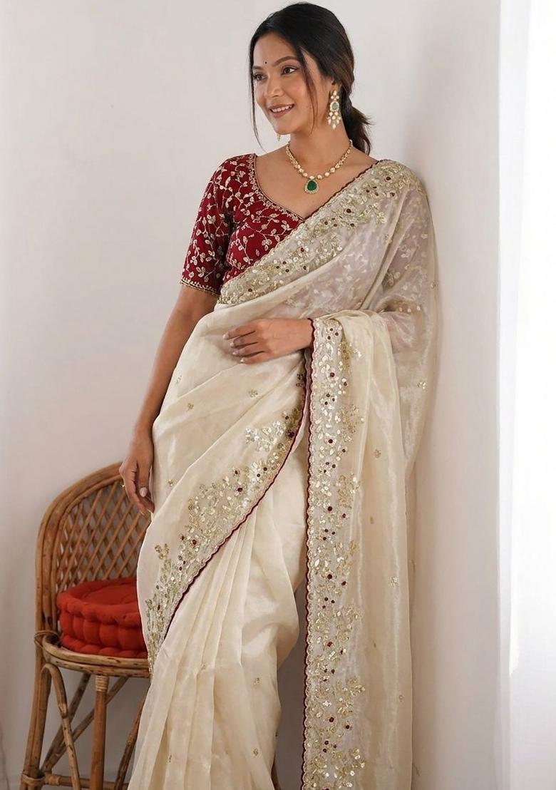 Off White Embroidered Banglori Saree Set - Indya