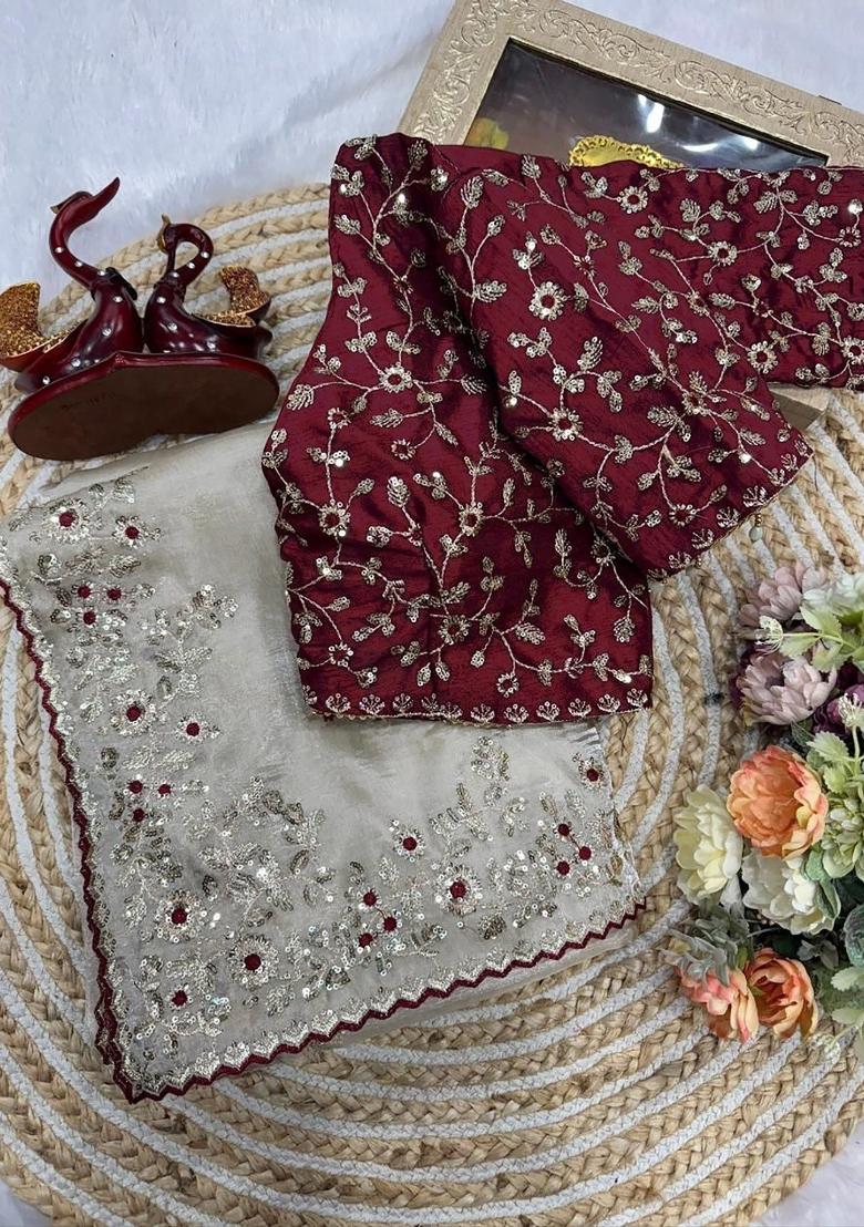 Off White Embroidered Banglori Saree Set - Indya