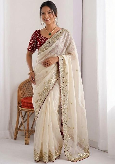 Off White Embroidered Banglori Saree Set