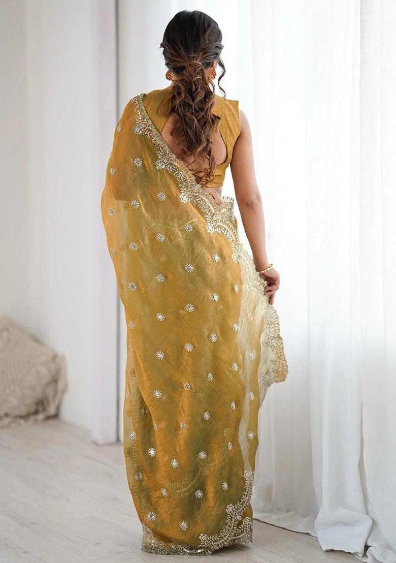 Green Embroidered Silk Blend Saree Set - Indya