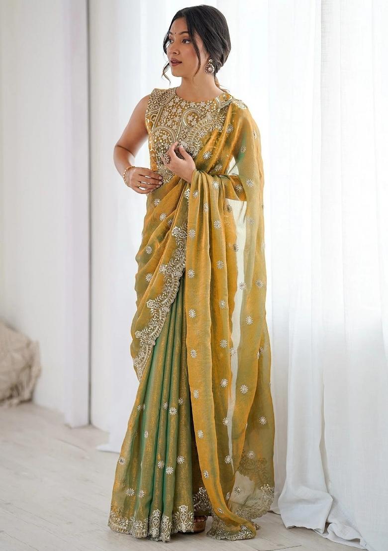 Green Embroidered Silk Blend Saree Set - Indya