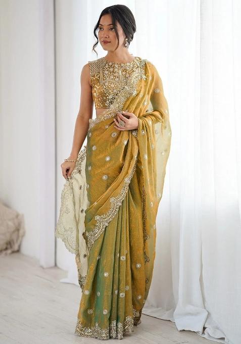 Green Embroidered Silk Blend Saree Set