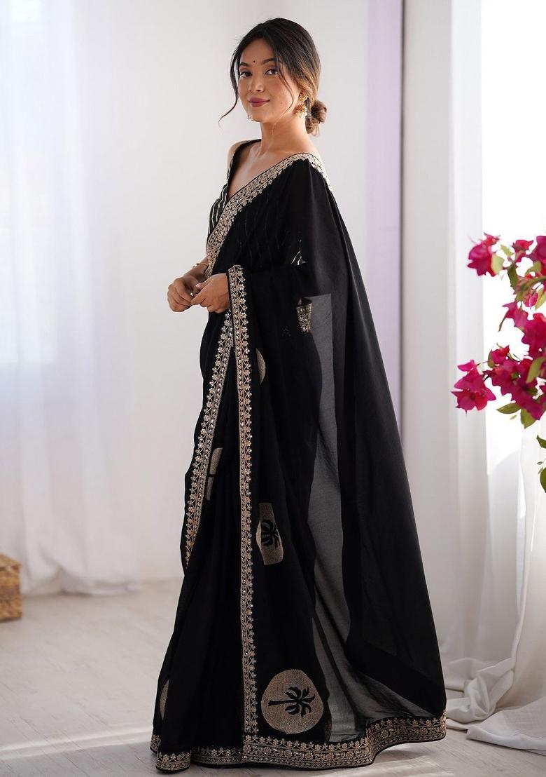 Black Embroidered Silk Blend Saree Set - Indya