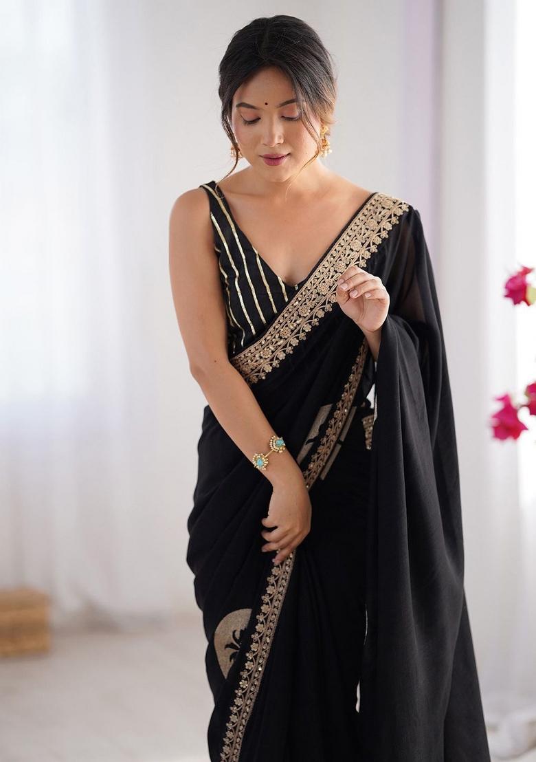 Black Embroidered Silk Blend Saree Set - Indya