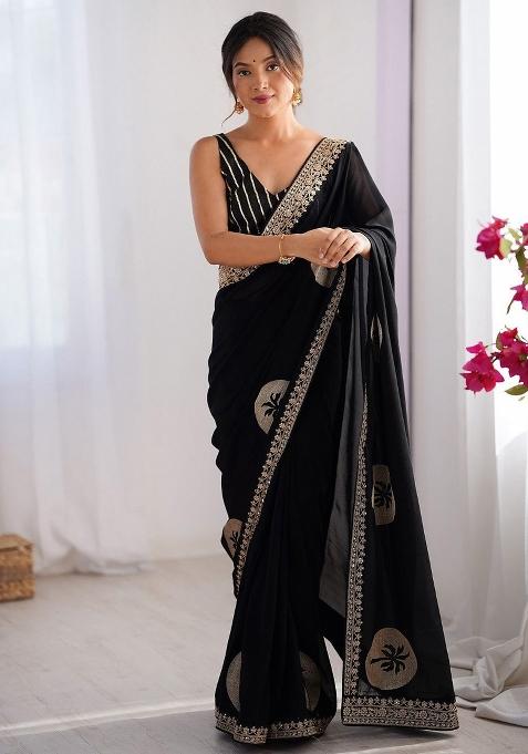 Black Embroidered Silk Blend Saree Set