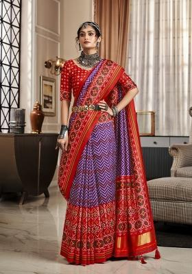 Purple Printed Silk Blend Saree Set
