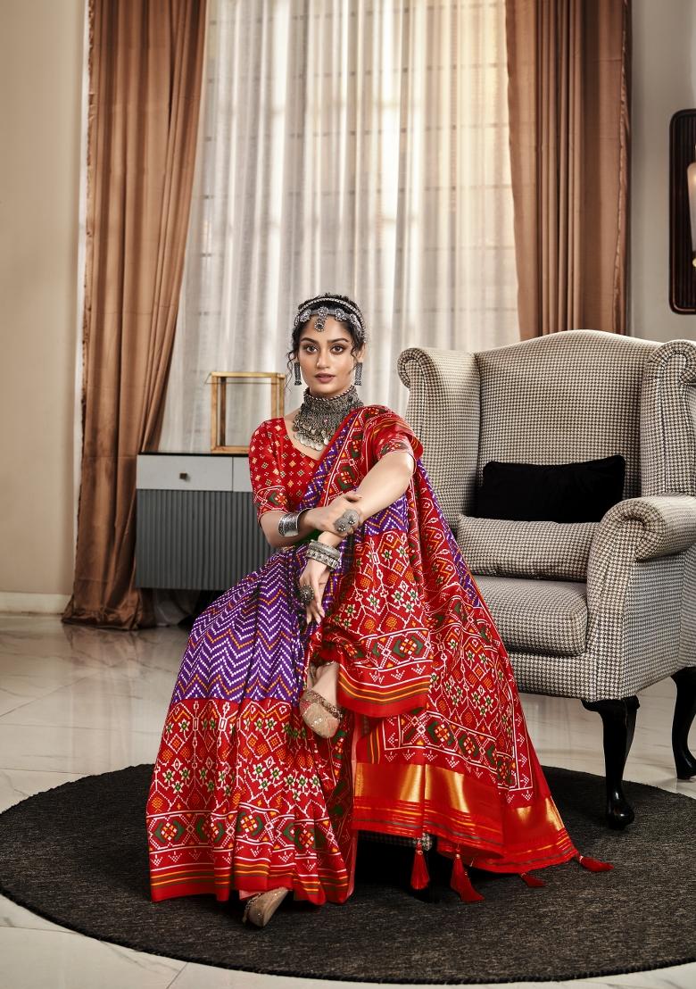 Purple Printed Silk Blend Saree Set - Indya