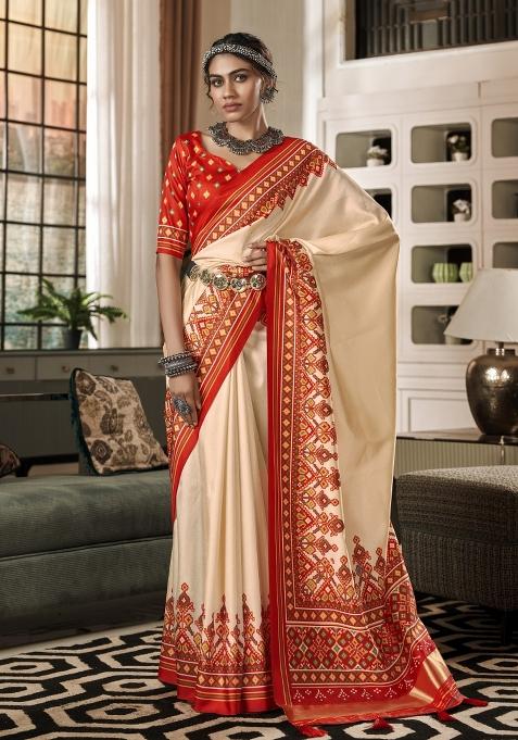 Cream Printed Silk Blend Saree Set