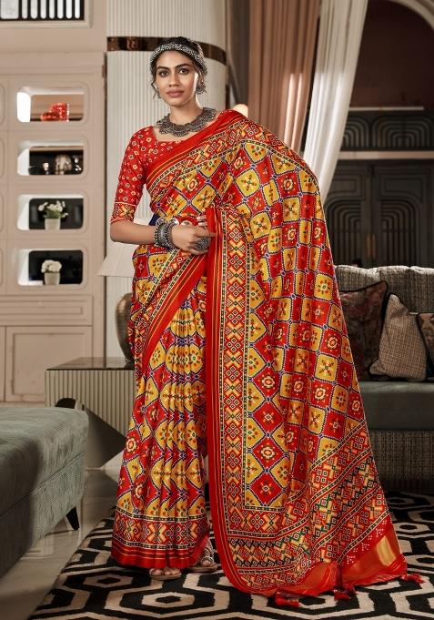 Red Printed Silk Blend Saree Set