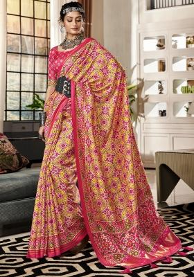 Yellow Printed Silk Blend Saree Set