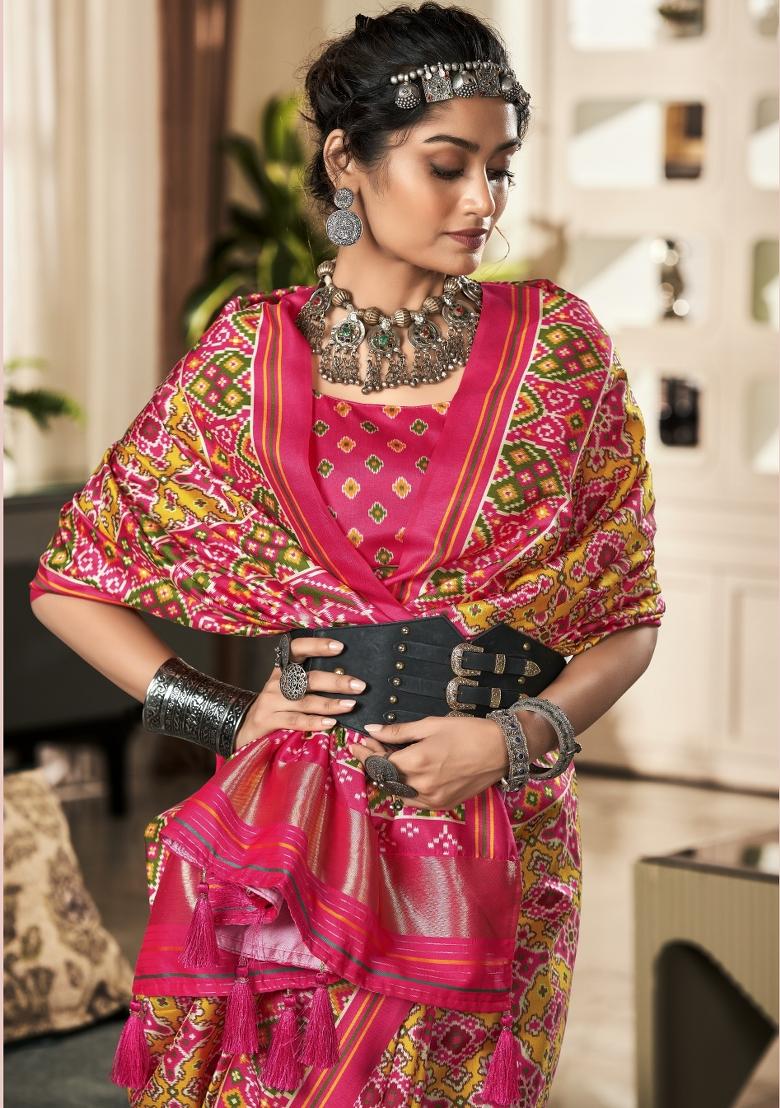 Yellow Printed Silk Blend Saree Set - Indya