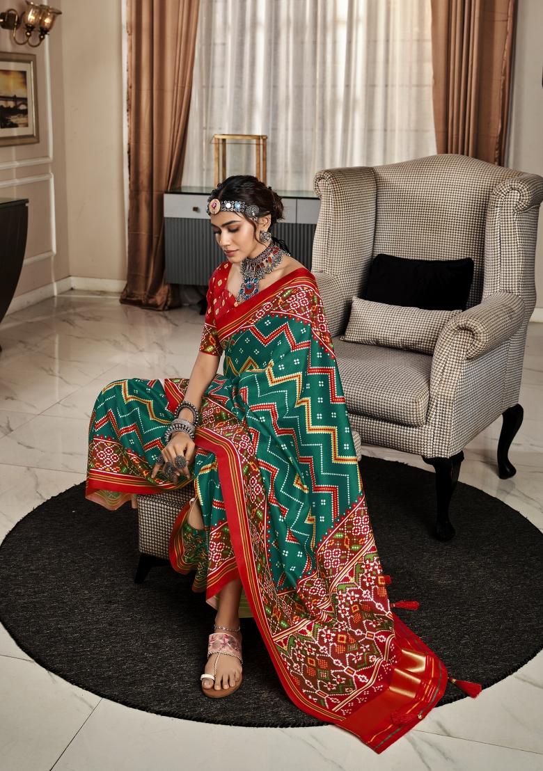 Teal Printed Silk Blend Saree Set - Indya