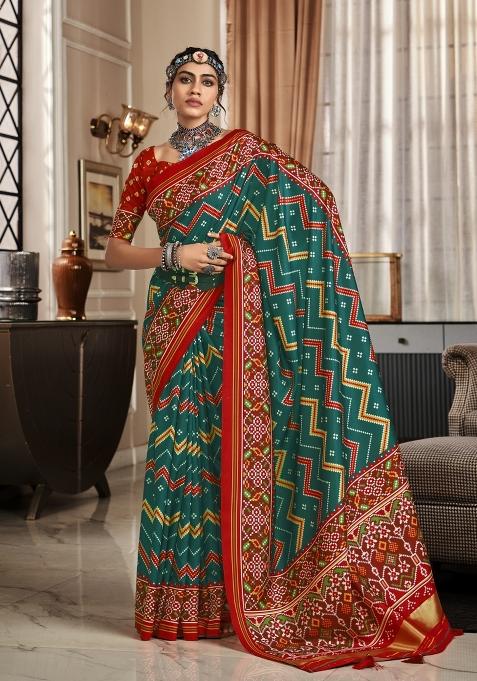 Teal Printed Silk Saree Set
